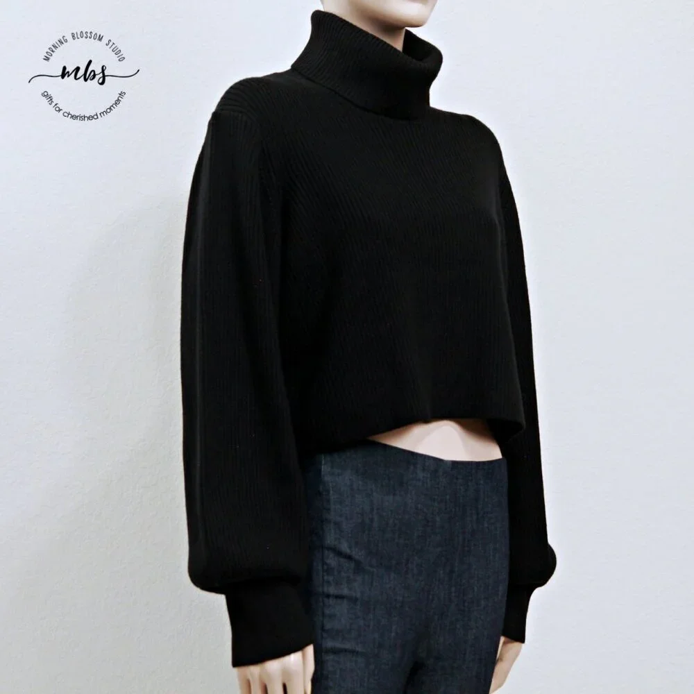 NWT Wilfred Montpellier Merino Wool Turtleneck‎ Cropped Sweater Black Women L